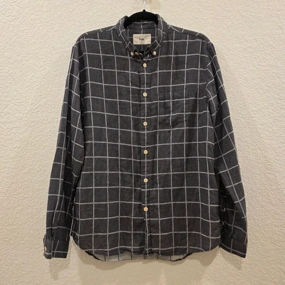 Folk Mens Windowpane Check Button Down Shirt Charcoal Grey Cotton Size 4 L - Picture 1 of 9